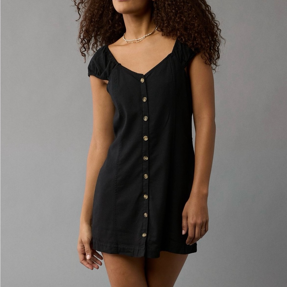 American Eagle Black Puff Sleeve Button Up Mini Dress size Small